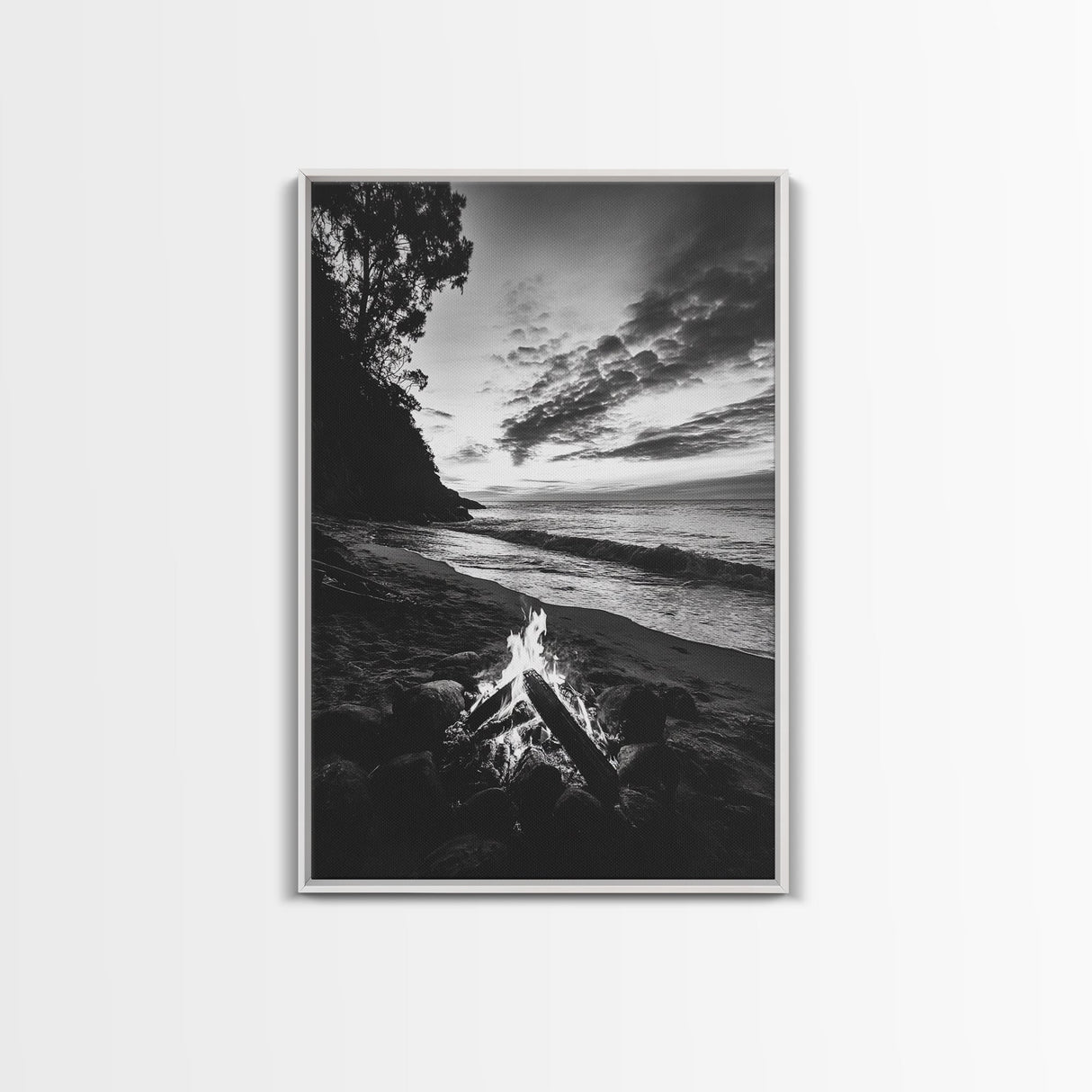 Shoreline fire night, beach flames, evening waves, rustic warmth, Canvas Print, Autumn decor, outdoor adventure minimalist wall art