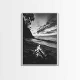 Shoreline fire night, beach flames, evening waves, rustic warmth, Canvas Print, Autumn decor, outdoor adventure minimalist wall art