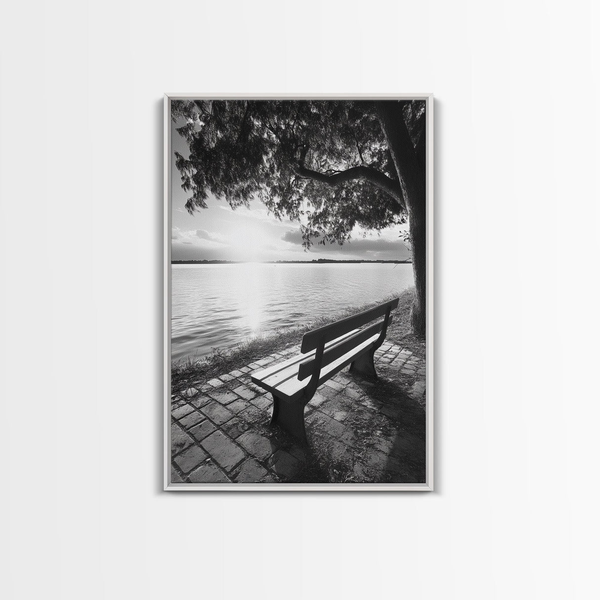 Peaceful Lake Bench, Tranquil Sunrise, Tree Shade View, Nature Serenity, Framed Canvas Print, Minimalist Art, Bedroom Wall Decor
