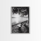 Peaceful Lake Bench, Tranquil Sunrise, Tree Shade View, Nature Serenity, Framed Canvas Print, Minimalist Art, Bedroom Wall Decor