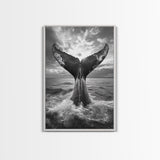Whale Tail Splash, Ocean Sunset, Marine Majesty, Powerful Moment, Framed Canvas Print, Nautical Art, Coastal Living Room Decor