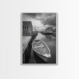 Docked Rowboat Scene, Calm Harbor, Coastal Village, Still Waters, Framed Canvas Print, Seaside Art, Beach House Wall Decor