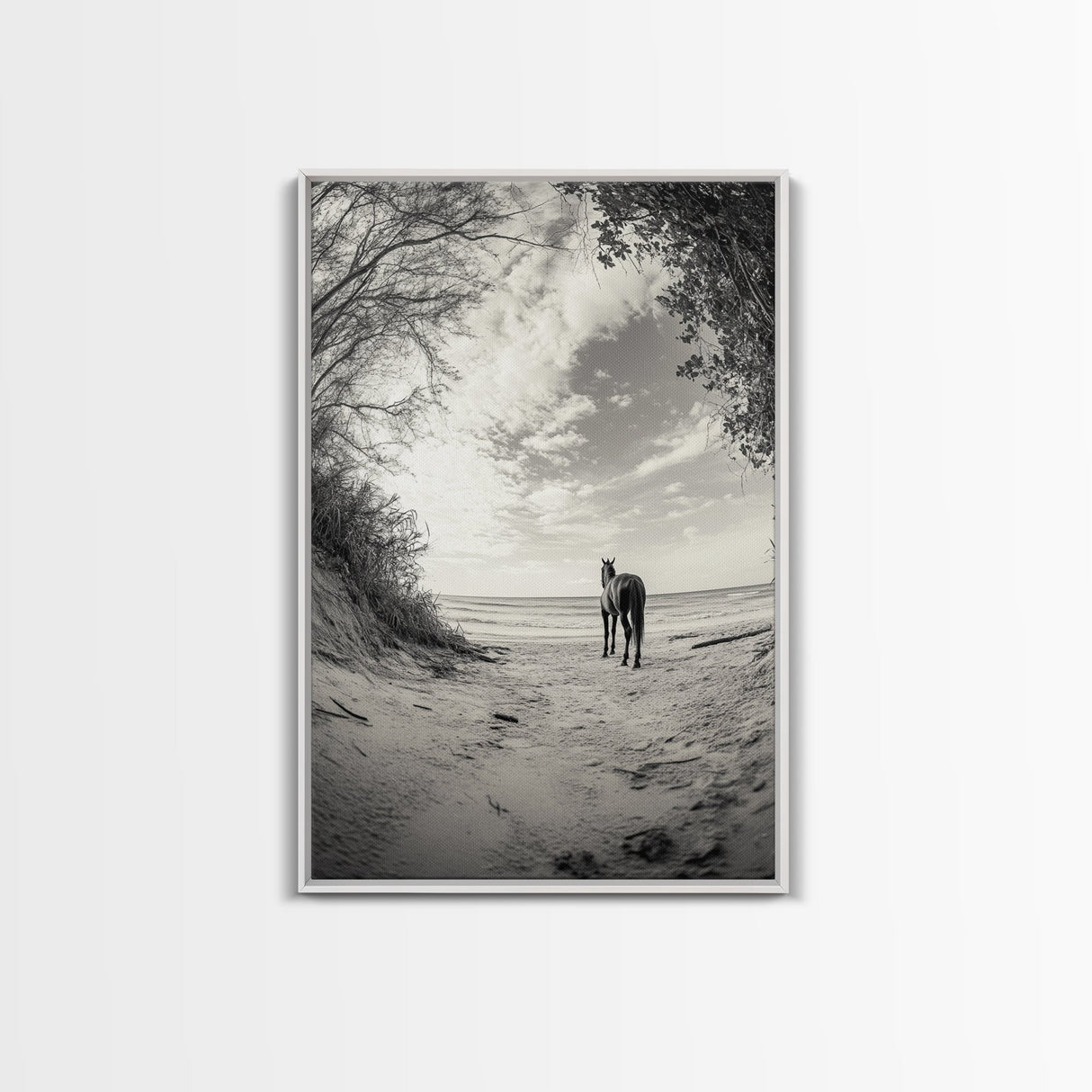 Horse on Shore, Ocean Path Scene, Wild Beauty, Serene Escape, Framed Canvas Print, Boho Wall Art, Bedroom or Entryway Decor