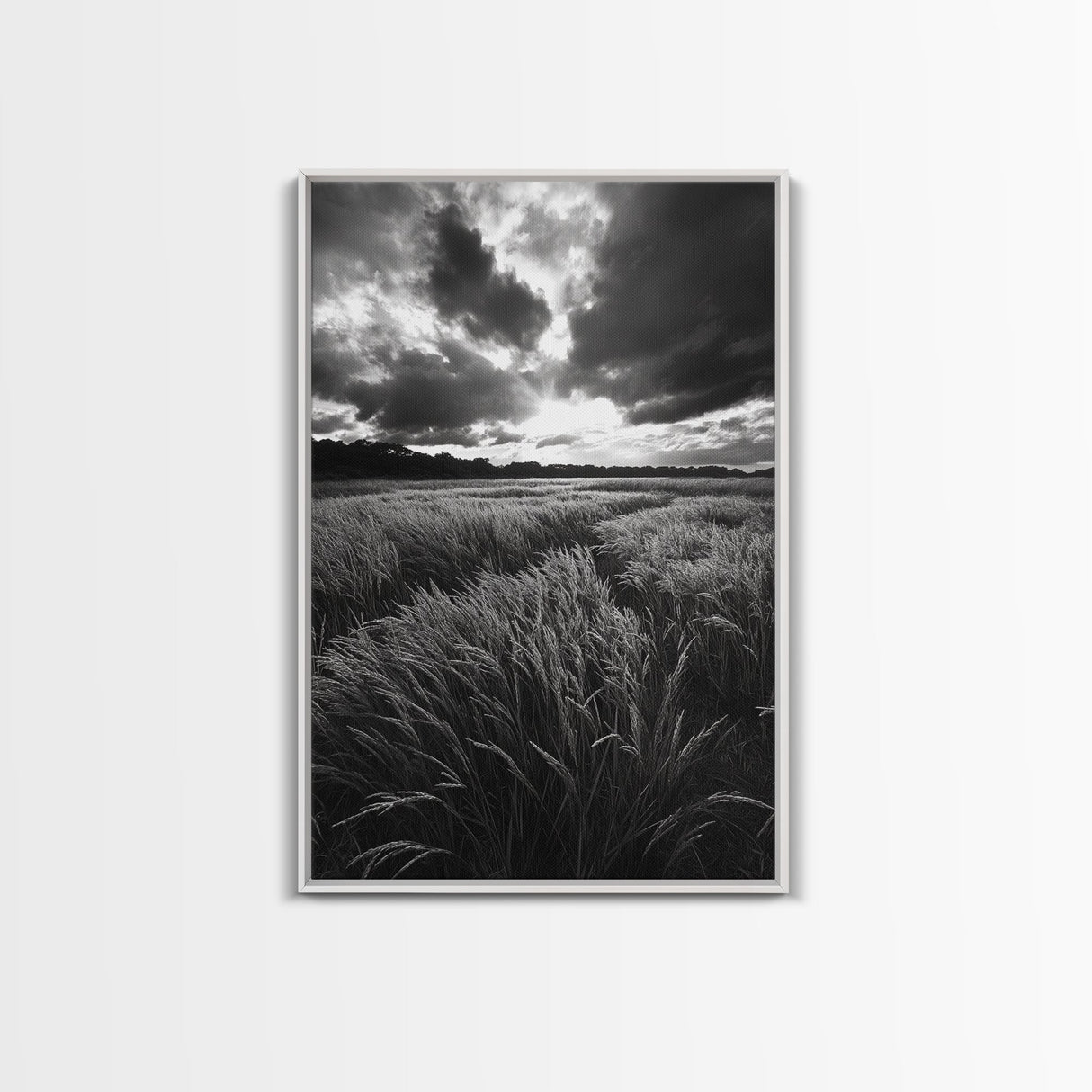 Golden Grass Field, Dramatic Sunset, Autumn Skies, Nature Movement, Framed Canvas Print, Fall Landscape Art, Living Room Decor