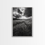 Golden Grass Field, Dramatic Sunset, Autumn Skies, Nature Movement, Framed Canvas Print, Fall Landscape Art, Living Room Decor