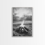 Beach bonfire moment, soft flame serenity, ocean dusk, coastal camp vibes, Framed Canvas Print, Fall decor, hygge inspired wall decor