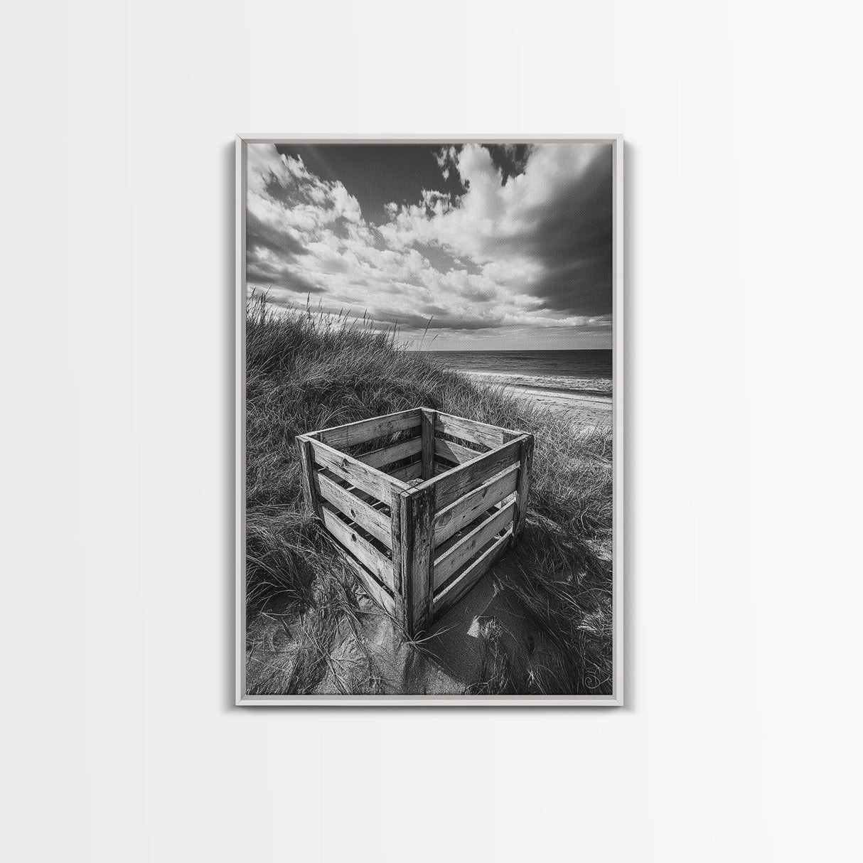 Weathered Crate, Ocean Dunes, Coastal Photography, Canvas Print, Beach House Wall Art, Minimalist Rustic Decor, Bathroom Wall Art
