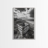 Weathered Crate, Ocean Dunes, Coastal Photography, Canvas Print, Beach House Wall Art, Minimalist Rustic Decor, Bathroom Wall Art