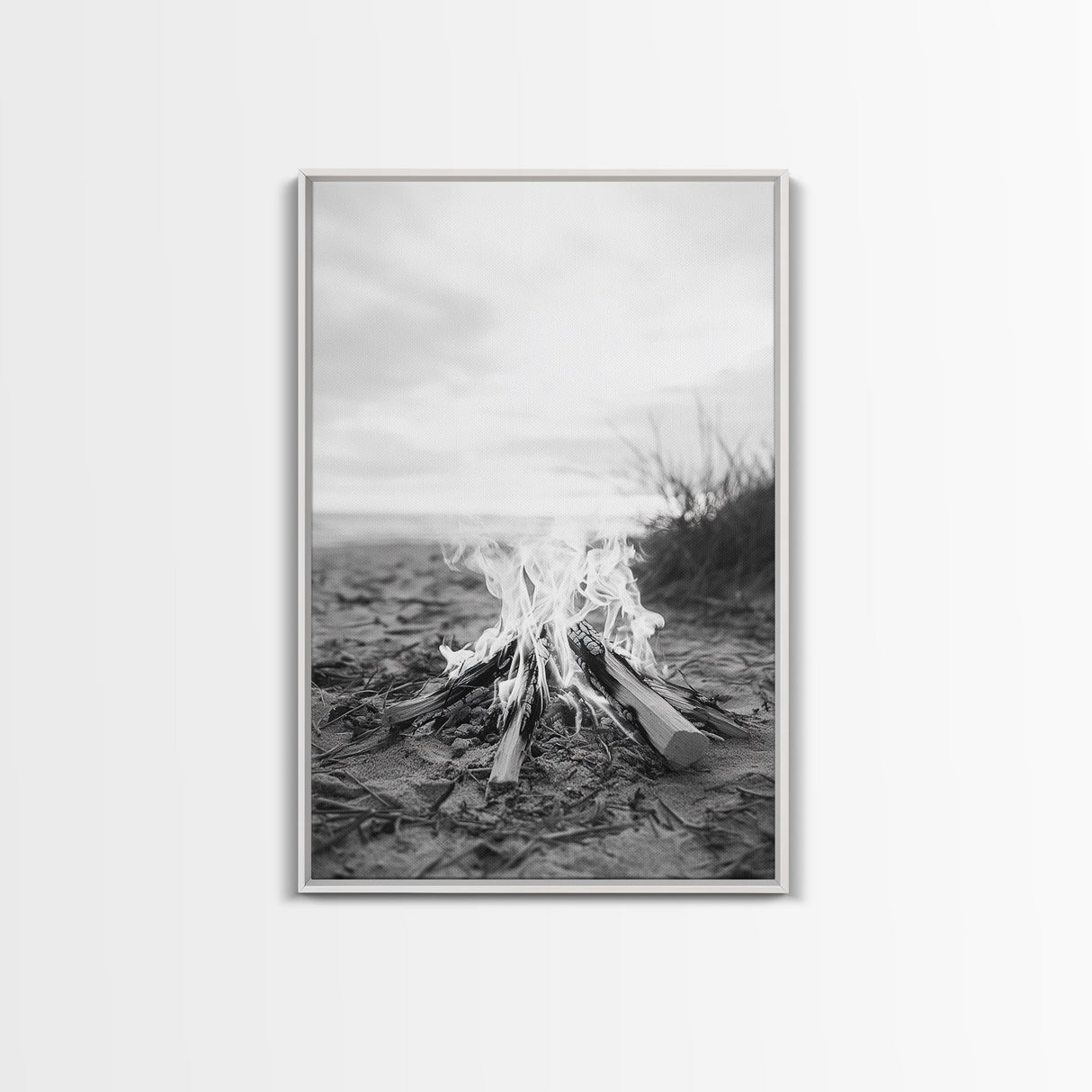 Campfire, Beach, Smoke, Glow - Cozy outdoor scene with flickering flame, Canvas Print, perfect rustic cabin or camping decor, Autumn Wall Art