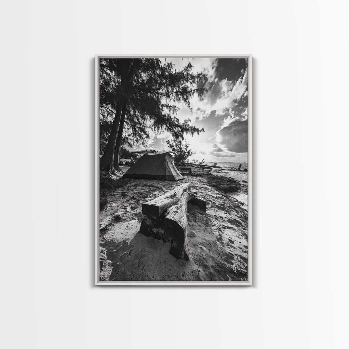 Tent, Beach, Sunset, Trees - Rustic camping coastal escape vibe, Framed Canvas Print, ideal bedroom or adventure nursery decor, outdoor art