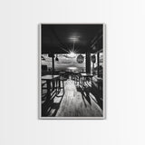 Ocean, Deck, Sunset, Rays - Golden hour beach bar shadows, Canvas Print, perfect dining room or kitchen wall art, rustic coastal decor