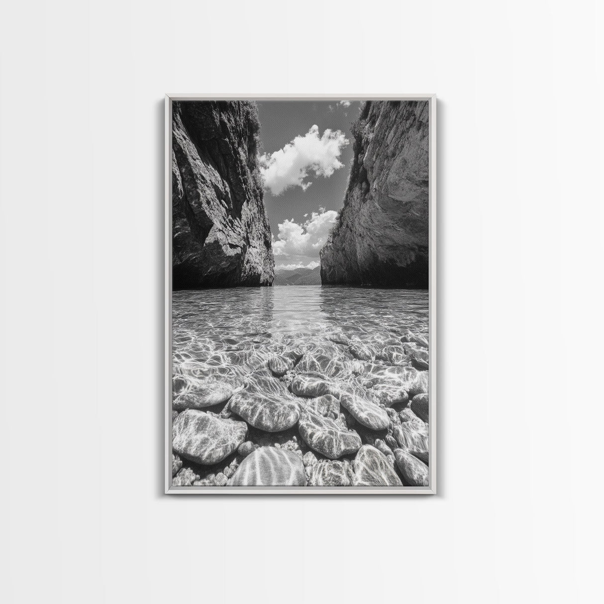 Clear Waterscape, Rocky Shoreline, Tropical Escape, Nature Photography, Framed Canvas Print, Beach House Coastal Wall Art