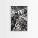 Cliffside Villa, Mediterranean Home, Desert Garden, Rustic Landscape Print, Framed Canvas Print, Modern Boho Living Room Art