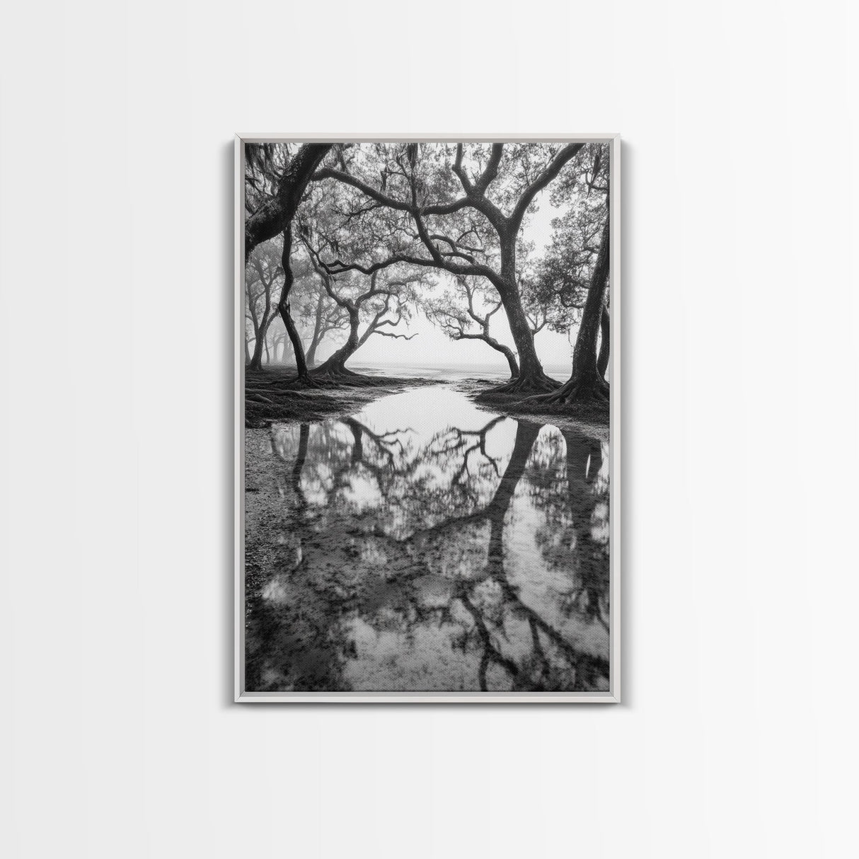 Misty Forest Trees, Reflection Photography, Nature Landscape, Canvas Print, Neutral Tones, Bedroom Wall Decor, Moody Autumn Forest Art