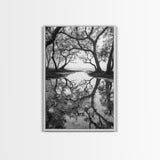 Misty Forest Trees, Reflection Photography, Nature Landscape, Canvas Print, Neutral Tones, Bedroom Wall Decor, Moody Autumn Forest Art