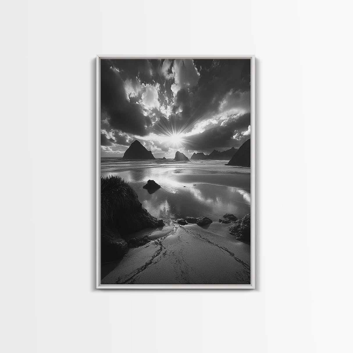 Dramatic Ocean Sunset, Coastal Mountains, Seascape Photography, Canvas Print, Stormy Sky Art, Living Room Focal Wall Decor