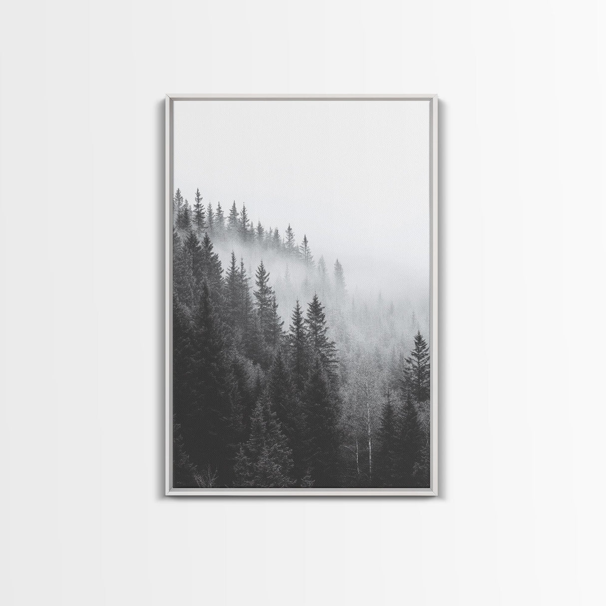 Misty Forest, Pine Trees, Foggy Morning, Canvas Print, Moody Nature Wall Art, Nordic Bedroom Decor, Monochrome Forest Landscape