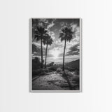 Palm Sunset, Desert Light, Silhouetted Trees, Framed Canvas Print, Tropical Boho Wall Art, Sunset Living Room Decor, Moody Nature Style