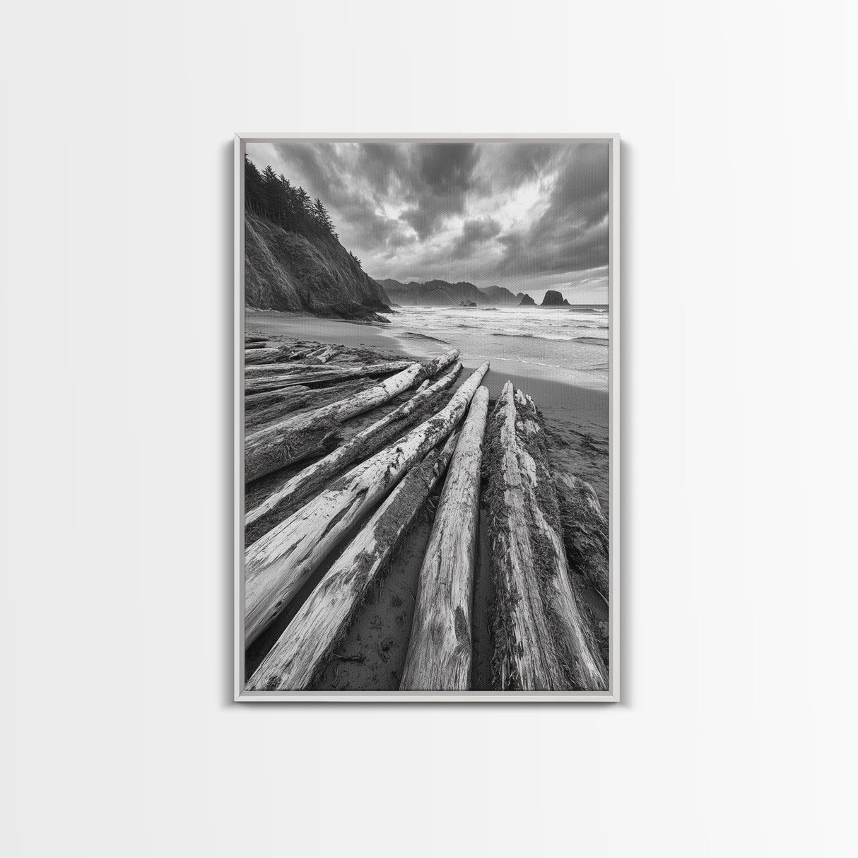 Driftwood Beach, Coastal Logs, Wild Shore, Canvas Print, Rustic Ocean Wall Art, Cabin Bathroom Decor, Nature Inspired Photography