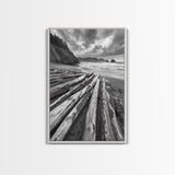 Driftwood Beach, Coastal Logs, Wild Shore, Canvas Print, Rustic Ocean Wall Art, Cabin Bathroom Decor, Nature Inspired Photography