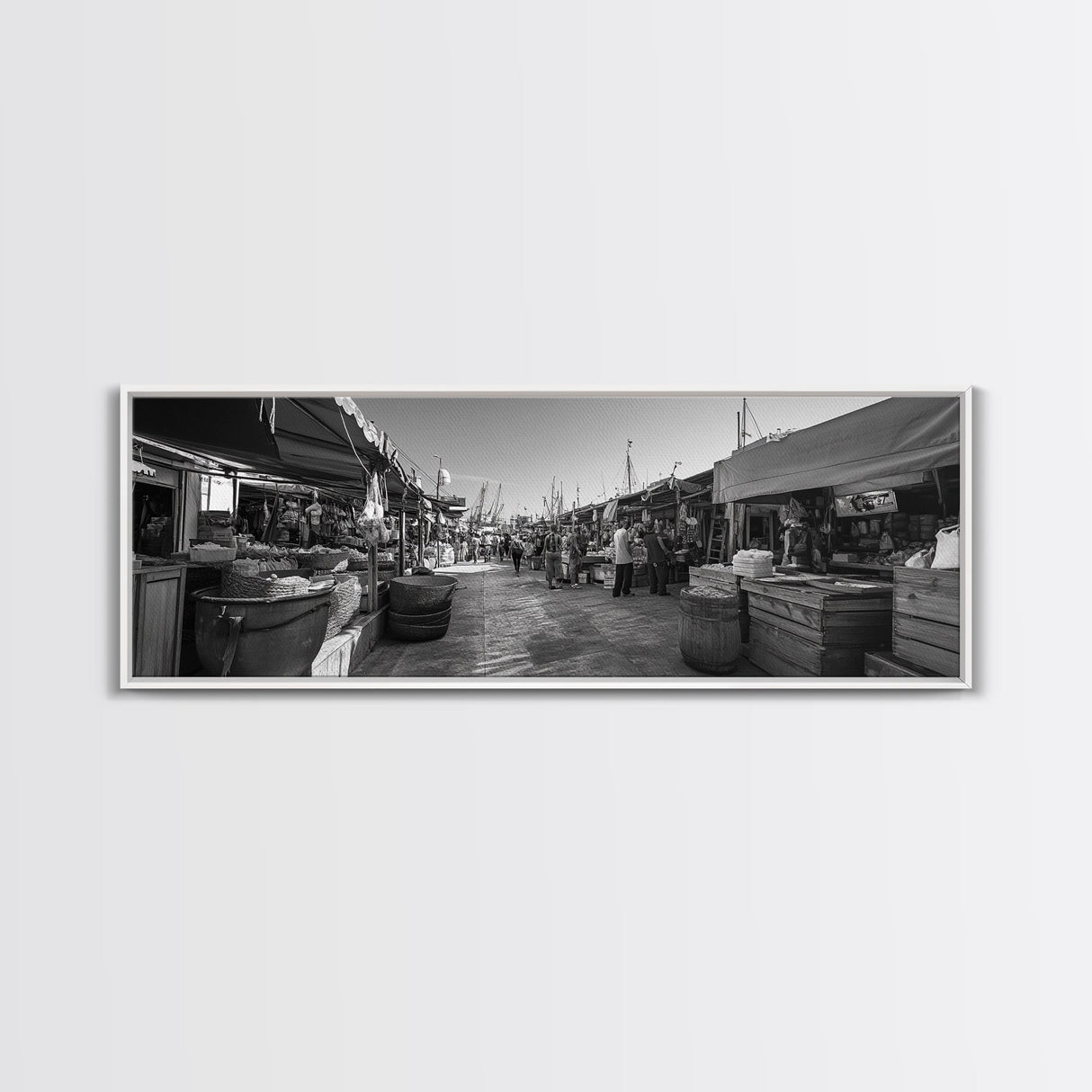 Mediterranean Market Scene, Travel Wall Decor, Rustic Street View, Framed Canvas Print, Kitchen Wall Art, Black and White Photography