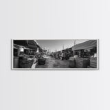Mediterranean Market Scene, Travel Wall Decor, Rustic Street View, Framed Canvas Print, Kitchen Wall Art, Black and White Photography