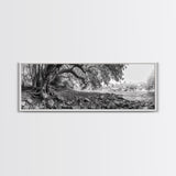 River Tree Roots, Tranquil Forest Landscape, Nature Wall Decor, Framed Canvas Print, Living Room Art, Black and White Earthy Style