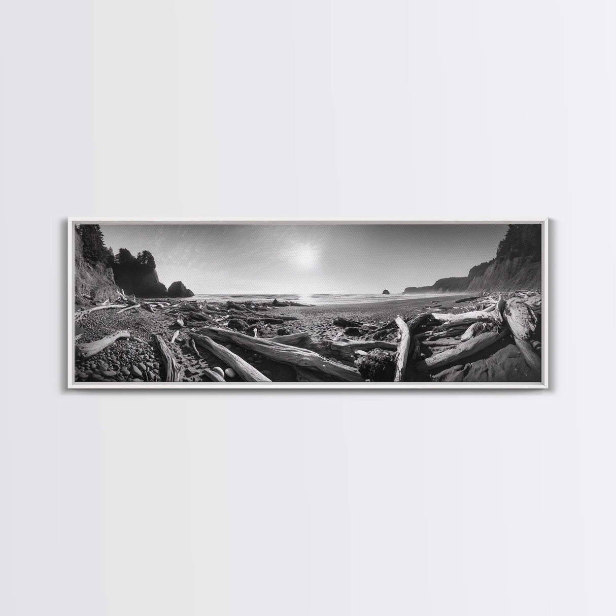 Coastal Driftwood Scene, Rugged Ocean Beach, Moody Nature Landscape, Framed Canvas Print, Rustic Wall Decor, Fall Coastal Photography