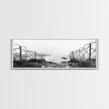 Barbed Coast, Foggy Beach, War Fence, Ocean Boundary, Framed Canvas Print, Industrial Wall Art, Living Room Decor, Black and White Art