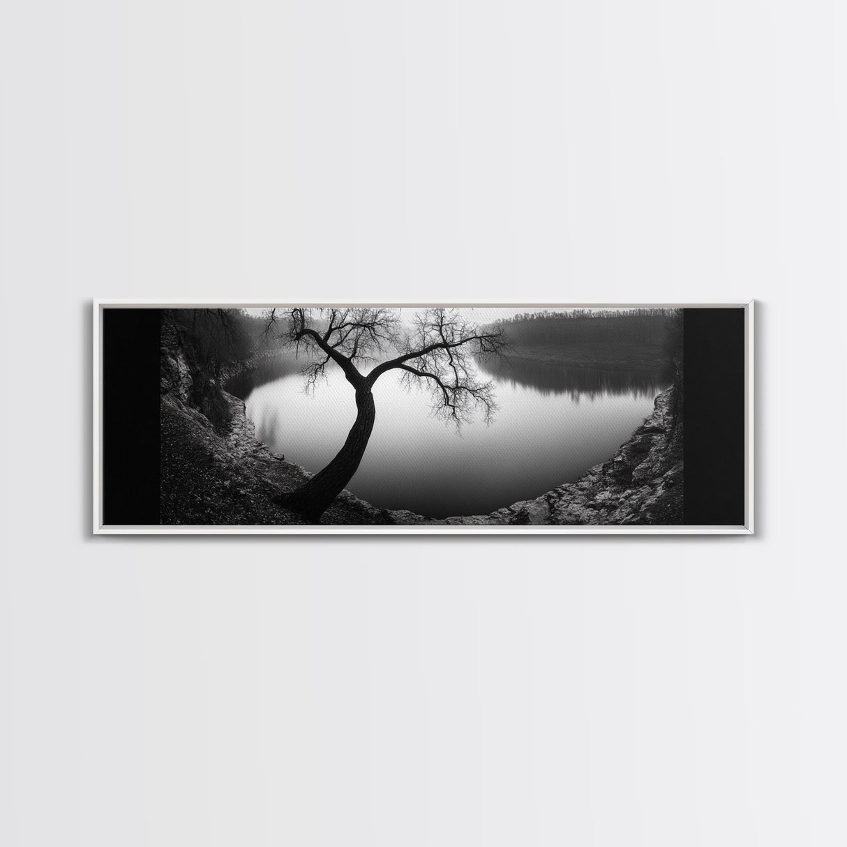 Curved Tree, Still Lake, Moody Landscape, Framed Canvas Print, Modern Nature Photography, Fall Home Decor, Living Room Art