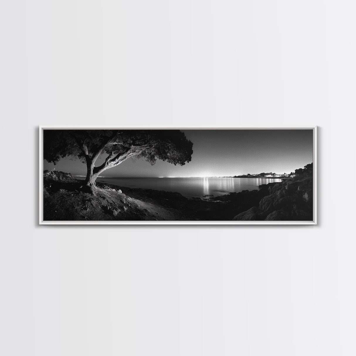 Coastal Night, Tree Silhouette, City Horizon, Framed Canvas Print, Moody Landscape Art, Modern Living Room Wall Decor
