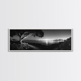 Coastal Night, Tree Silhouette, City Horizon, Framed Canvas Print, Moody Landscape Art, Modern Living Room Wall Decor