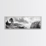 Ocean Cliff, Pine Trees, Foggy Coast, Canvas Print, Dramatic Nature Wall Art, Rustic Cabin Decor, Black and White Landscape
