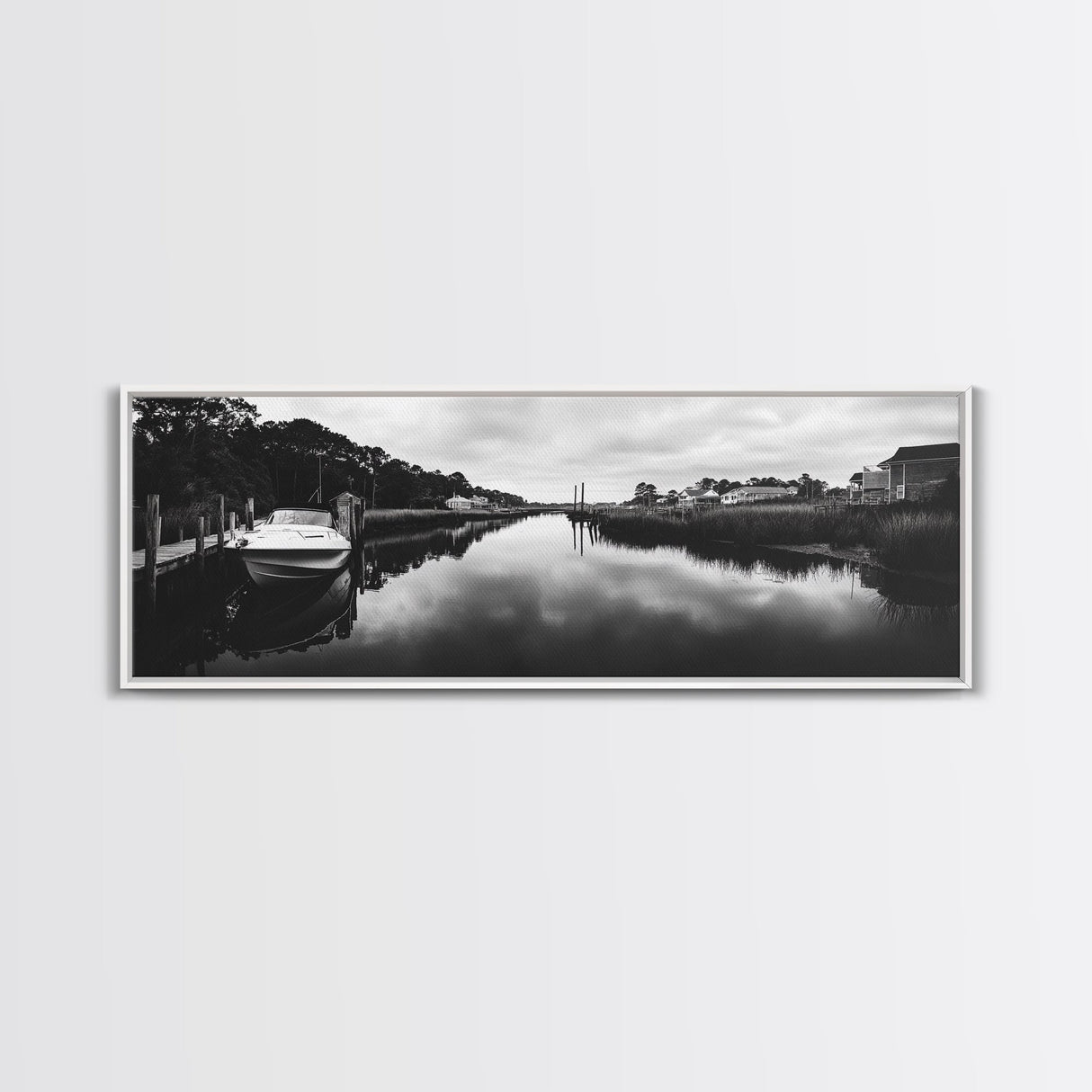 Boat Dock, Quiet Bay, Marina Reflections, Framed Canvas Print, Nautical Wall Art, Lakehouse Decor, Minimalist Coastal Vibes, Black White Art