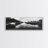 Boat Dock, Quiet Bay, Marina Reflections, Framed Canvas Print, Nautical Wall Art, Lakehouse Decor, Minimalist Coastal Vibes, Black White Art