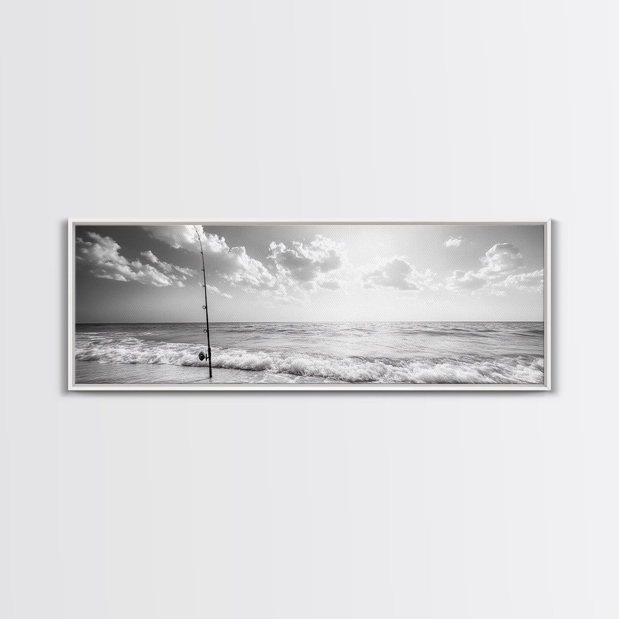 Beach Fishing, Ocean Waves, Rod and Reel, Framed Canvas Print, Coastal Living Wall Art, Minimalist Nautical Decor, Beach House Aesthetic