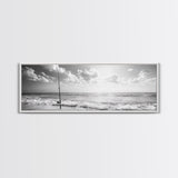 Beach Fishing, Ocean Waves, Rod and Reel, Framed Canvas Print, Coastal Living Wall Art, Minimalist Nautical Decor, Beach House Aesthetic