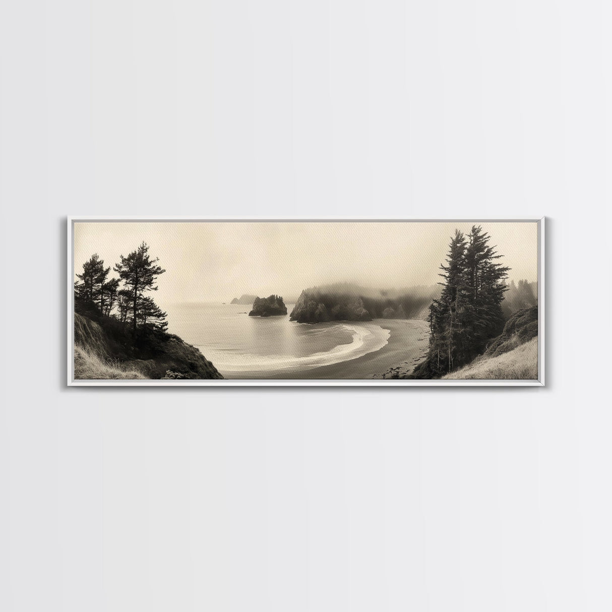 Misty Bay, Forested Coast, Moody Landscape, Serene Shoreline, Framed Canvas Print, Coastal Wall Art, Bedroom Decor, Earthy Tones