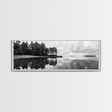 Reflected Pines, Quiet Lake, Forest Island, Calm Waters, Framed Canvas Print, Nature Photography, Minimal Wall Art, Office Decor