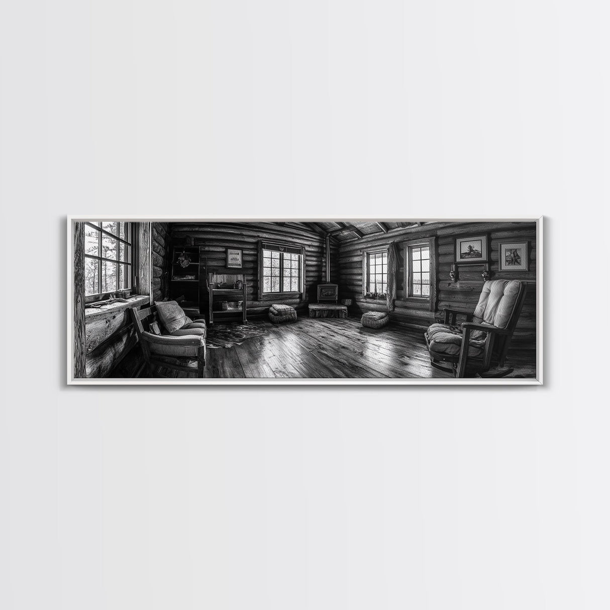 Rustic Cabin, Cozy Interior, Nature Retreat, Framed Canvas Print, Living Room Wall Art, Black and White Photography, Lodge Decor