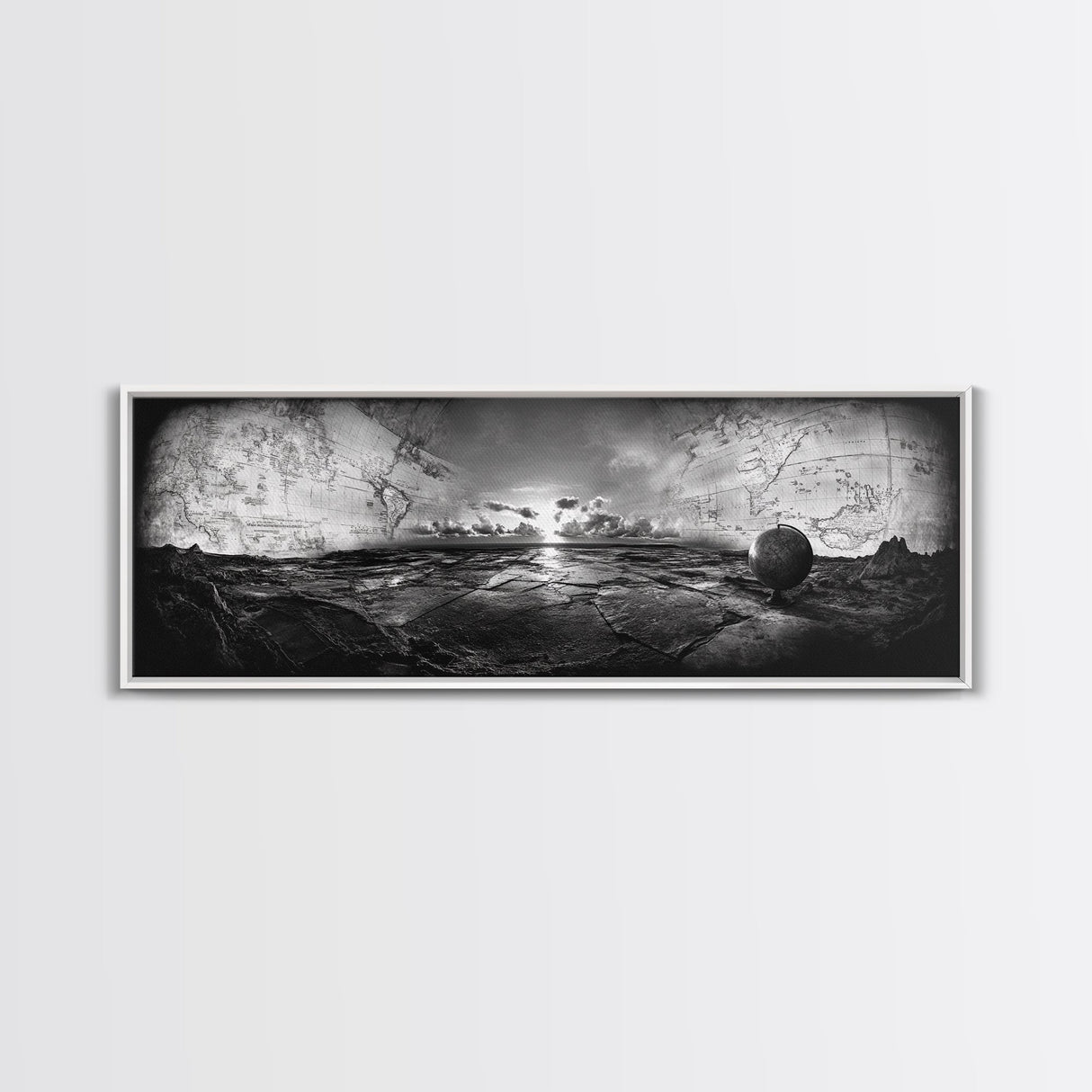 World Map, Globe Horizon, Explorer’s Dream, Canvas Print, Travel Wall Art, Surreal Photography, Study Room Adventure Decor