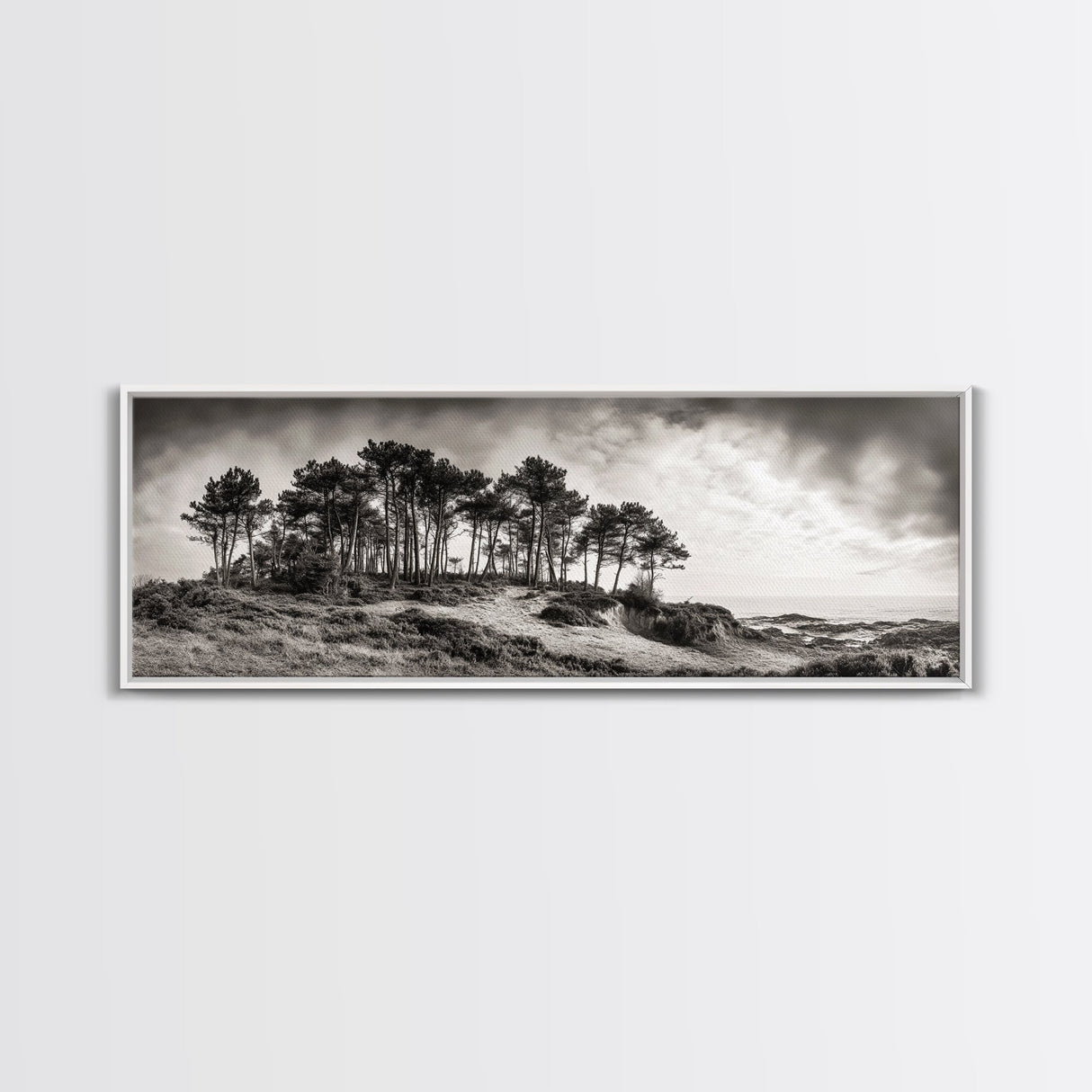 Coastal Pines, Ocean View, Windswept Trees, Framed Canvas Print, Minimalist Landscape Art, Neutral Tones, Entryway Wall Decor