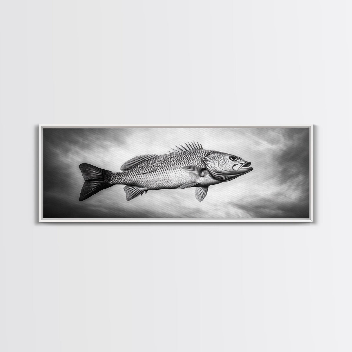 Floating Fish, Surreal Ocean, Realistic Scales, Sky Scene, Framed Canvas Print, Nautical Wall Art, Coastal Decor, Fishing Cabin Aesthetic