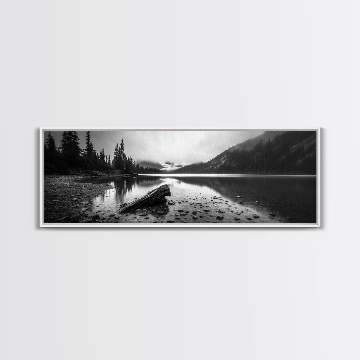 Alpine Lake, Moody Mountains, Foggy Reflection, Canvas Print, Serene Wall Art, Nature Photography, Bedroom Art, Den Decor, Office Decor