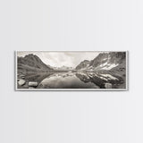 Alpine Reflection, Snowy Peaks, Tranquil Water, Framed Canvas Print, Nature Photography, Minimalist Wall Art, Bedroom or Office Decor