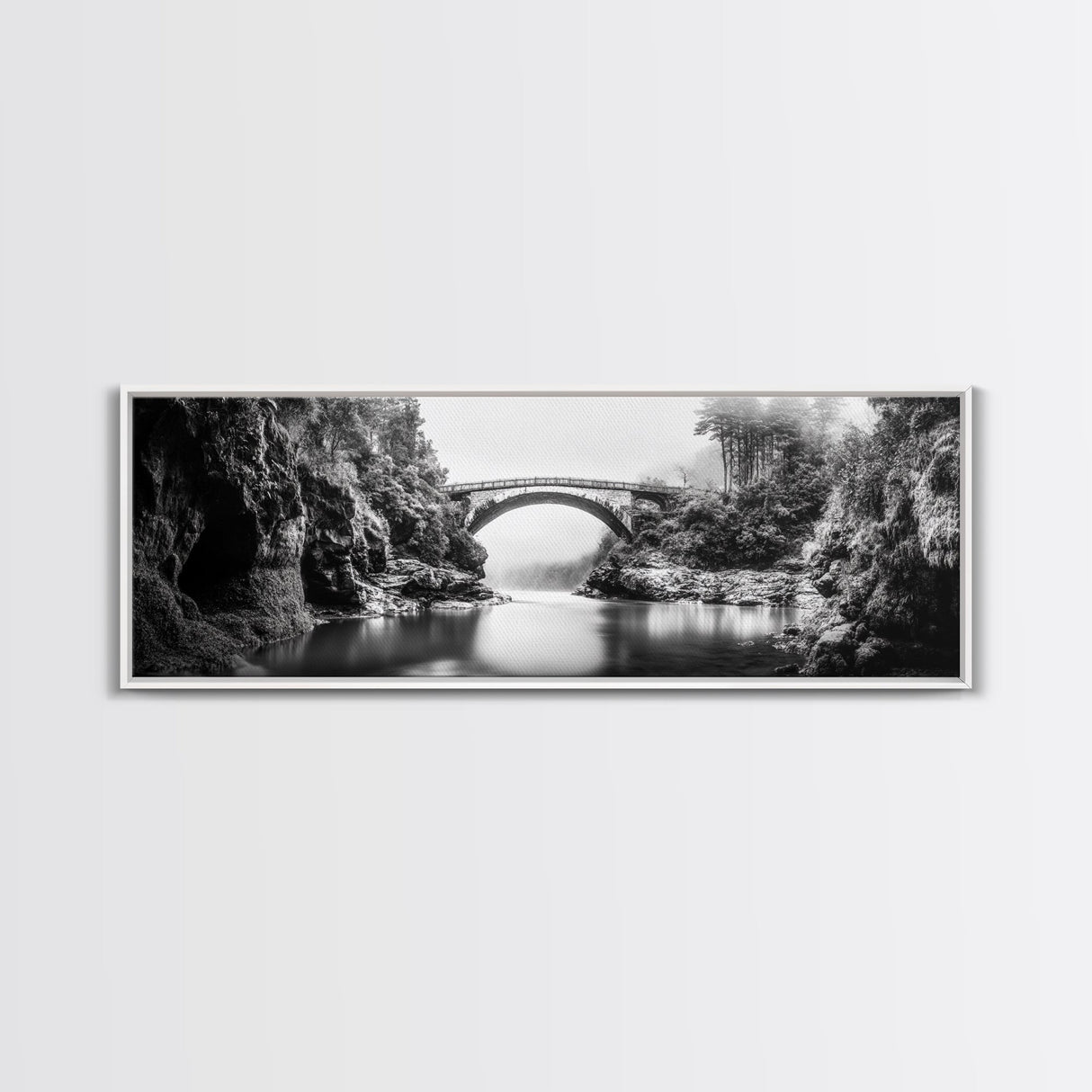 Stone Bridge, Forest River, Morning Mist, Canvas Print, Black and White Landscape, Nature Wall Art, Rustic Bathroom Art, Den Decor
