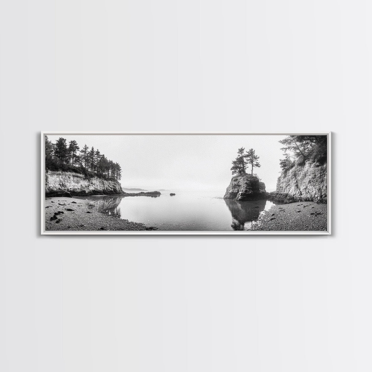 Forest Cove, Serene Shoreline, Calm Reflections, Canvas Print, peaceful nature wall art, neutral tones decor, minimalist bathroom artwork