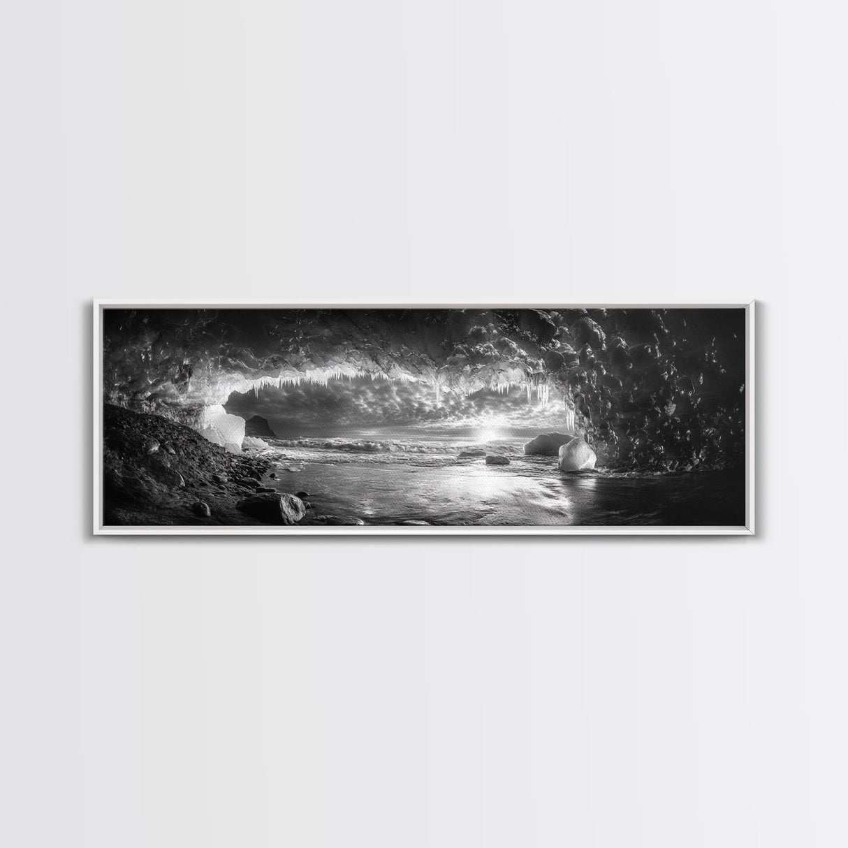 Ice Cave, Winter Seascape, Arctic Sunset, Canvas Print, dramatic frozen landscape art, black and white Christmas decor, cozy winter home art