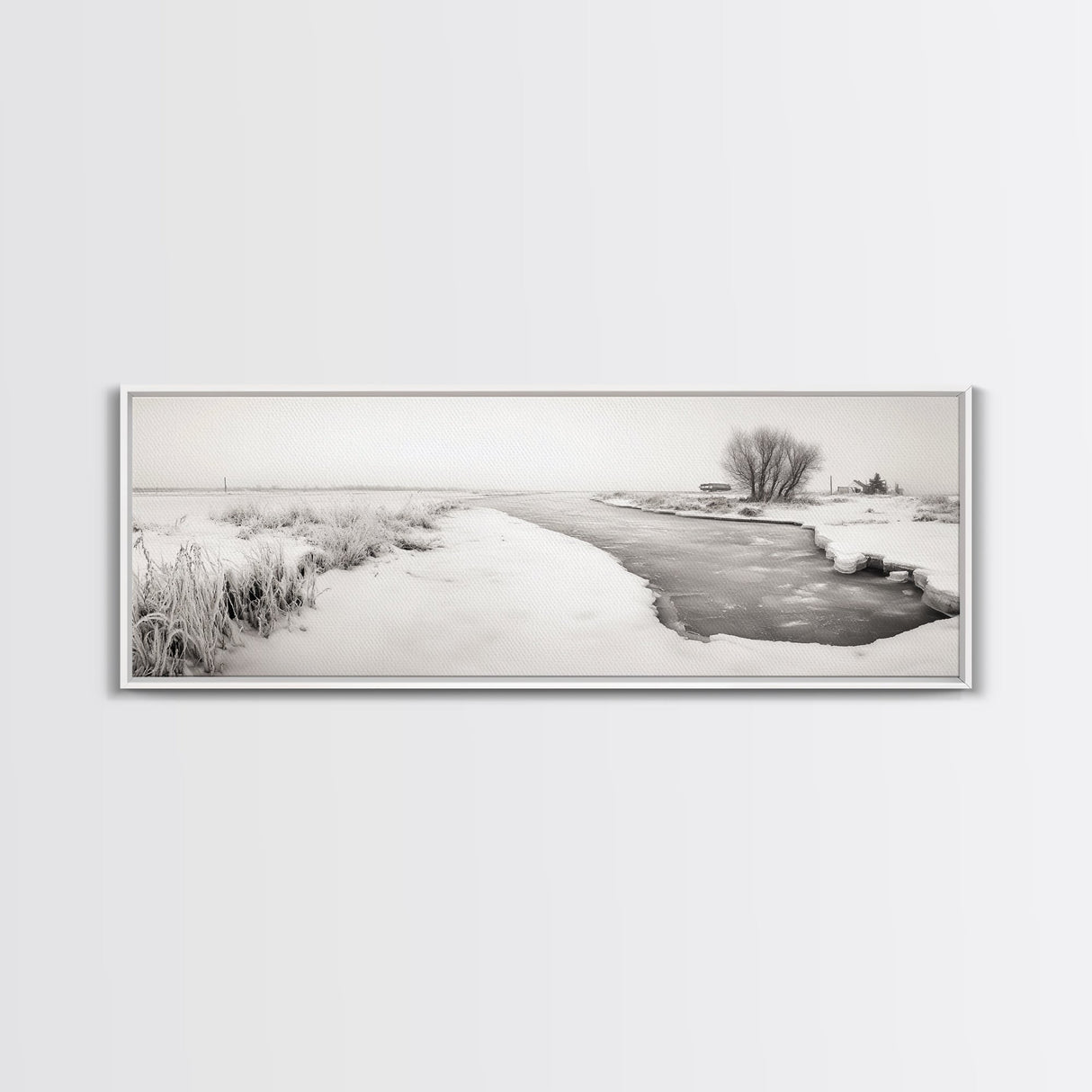 Winter River, Frosty Fields, Minimalist Landscape, Canvas Print, Modern neutral art, Rustic home decor, Entryway wall art, Scandinavian vibe