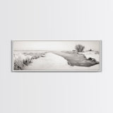 Winter River, Frosty Fields, Minimalist Landscape, Canvas Print, Modern neutral art, Rustic home decor, Entryway wall art, Scandinavian vibe